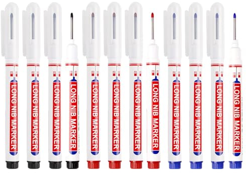 12 Stück Tieflochmarker Set, Bohrlochmarker mit 20mm Extralange Spitze, Markierungsstifte für Holz, Kunststoff, Wand, Metall, Karton Baustellenstifte für präzise Markierungen(Schwarz, Blau, Rot)