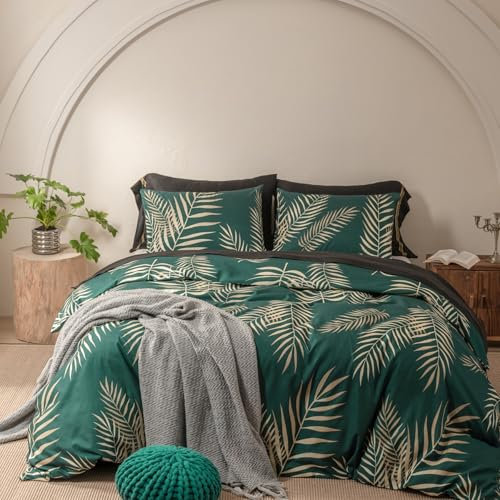 Gezu Bettwäsche 135x200 Grün Gold Blätter Muster Bettbezug 2 Teilig Microfaser Botanisch Palmenblätter Bettbezug 135x200 Weich Bettwäsche Set Reißverschluss und Kissenbezug 80x80 cm,Blätter Motiv