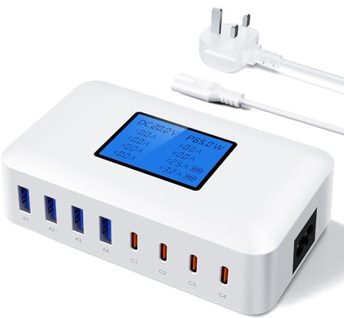 Sanicata 200W USB Charging Station,8 Port USB Charger Hub GaN Desktop Fast Charger for Multiple Devices, LCD Display Multi USB C Block Charger for iPhone 16 15 14 13 Pixel Samsung Galaxy iPad -white