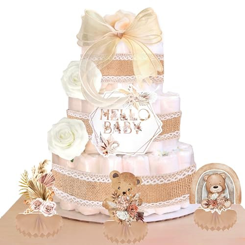 Boho Babydusche Windel Kuchen Dekoration Kit Party Zubehör Dekorationen zur Enthüllung des Geschlechts Babyshower Kuchendekoration