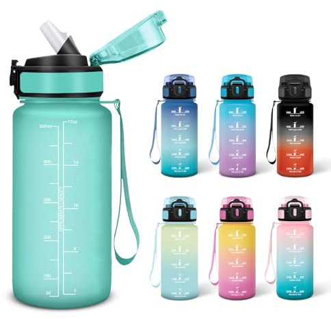 Motswedi Gourde, 0.5L Sans BPA, Gourde Avec Paille Adulte, Convient Aux Boissons Gazeuses, Bouteille, Gourde Motivation Étanche, Bouteille d'eau pour École, Salle de Sport, Camping - Bleu&vert