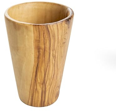 Handgefertigter Trinkbecher aus Olivenholz mit ausgestelltem Rand und geradem Körper, rustikaler Holzbecher für Wasser, Saft, Smoothies, inklusive Bienenwachs-Finish und individueller Gravur