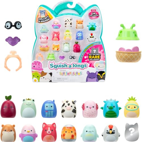 Squish-a-longs SQAL0269-14er Pack, enthält 14x 2,5 cm Mini-Squish mit 4X Accessoires, 1x Ring und 1x Collectors Guide (Serie 6, Style 1) - Sammeln, Tauschen, Spielen