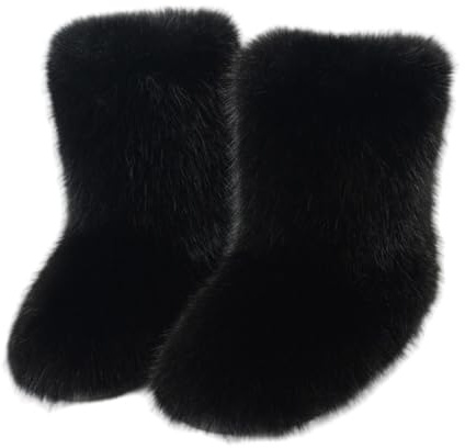 Furry Faux Fur Boots for Women Colourful Winter Warm Soft Plush Snow Boots Fuzzy Fluffy Round Toe Suede Flat Shoes Outdoor Indoor Mid-Calf Boot