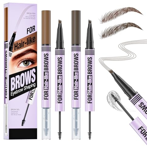 2 PCS Microblading Eyebrow Pencil, 2-in-1 Dual-Ended Eye Brow Pencil with 4 Tips, Waterproof Eye Brow Pen with Eyebrow Brush, Long-Lasting(Brown/Dark Brown)