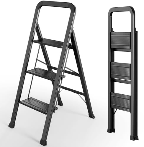 TLGREEN Scala a Pioli in Alluminio con Corrimano Scala a Libro 3 Gradini Antiscivolo e Antiruggine Leggera Scala Multipiano Multifunzionale Fino a 150 kg di Carico Per Cucina Ufficio Casa Giardino