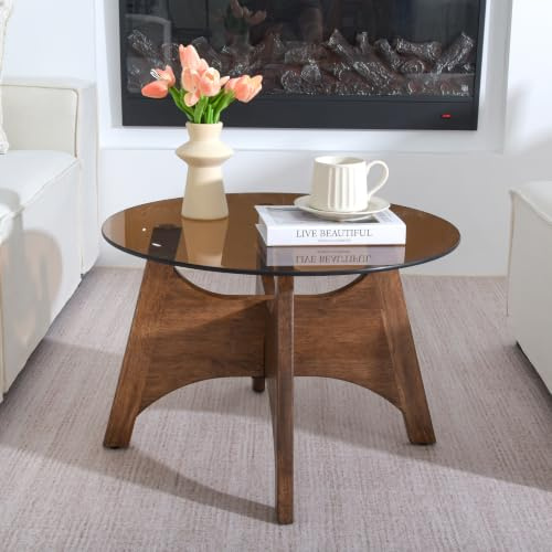 Cagnolier Table Basse Ronde en Verre Trempé et Bois Massif Noyer,Design Contemporain Pieds de Table en Forme de Croix Originaux.60x60x43 cm (Grande Taille)
