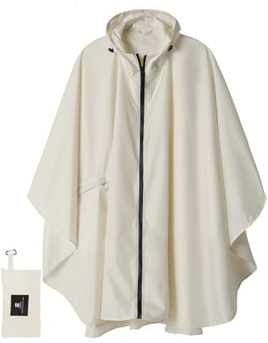 LINENLUX Rain Poncho Jacket Coat For Adults Hooded Waterproof With Zipper Outdoor (White)(Size:L)
