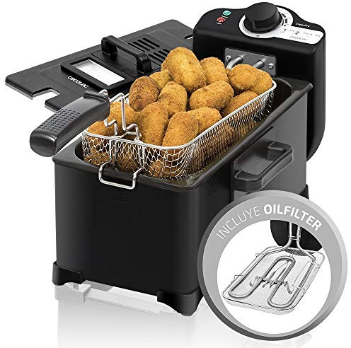 Cecotec Freidora CleanFry 3l. 2000 W, Acero inoxidable, Filtro OilCleaner que mantiene el aceite limpio, Lacada en negro y 3 litros de capacidad. Tapa con ventana y filtro antiolores