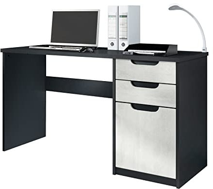 Vladon Schreibtisch Logan, Made in Germany, Bürotisch mit 2 Schubladen und 1 Tür, Schwarz matt/Beton Oxid Optik (129 x 76 x 60 cm)