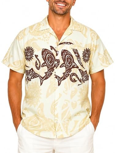 King Kameha Herren Hawaiihemd Kurzarm – Sommer Aloha Shirt mit Maori-Print, leicht und pflegeleicht