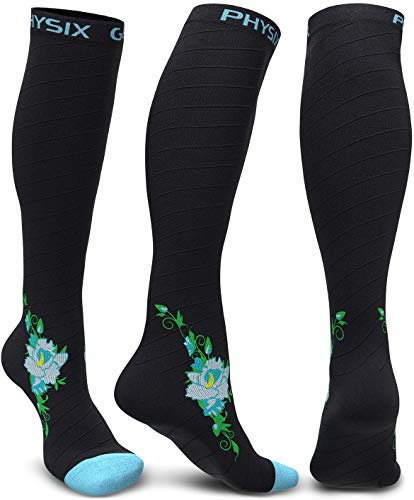 Physix Gear Sport Kompressionsstrümpfe Damen & Herren Stützstrümpfe (20-30mmHg) für Wassereinlagerungen, Flugreisen & Sport Kompressionssocken Langlebige Laufsocken Compression Socks BLAU BLUME L/XL