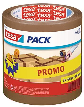 tesapack - Ruban adhésif universel pour l'emballage, le scellage et le conditionnement - Fabriqué en PP - Résistant à la déchirure et aux UV - 2x 66 m x 50 mm - Marron