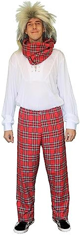Herren Rock Stewart Rote Tartan Hose & Perücke Rock & Roll Kostüm Outfit Gr. L/XL, rot