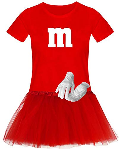 T-Shirt M&M + Tüllrock Karneval Gruppenkostüm Schokolinse 11 Farben Damen XS-3XL Fasching Verkleidung M's Fans Tanzgruppe, Gr.:XL, Farbauswahl:rot - Logo Weiss (+Handschuhe Weiss/Tütü rot)