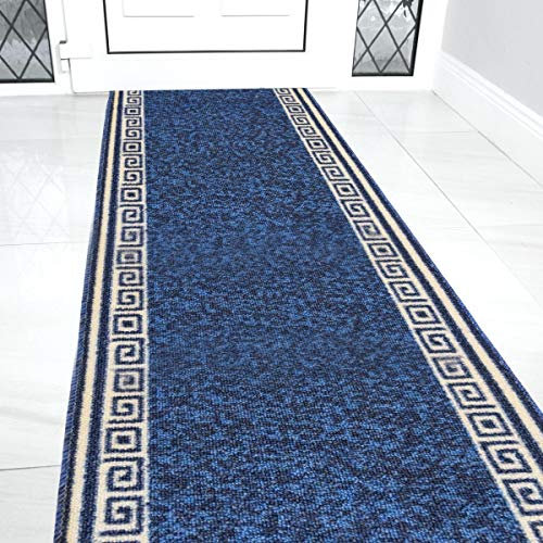 Bravich RugMasters Greek BLUE Rubber Backed Non Slip Machine Washable Very Long Hallway Hall Runner Narrow Rugs Custom Length Stair Mats 2'2x12'FT (66x366cm)