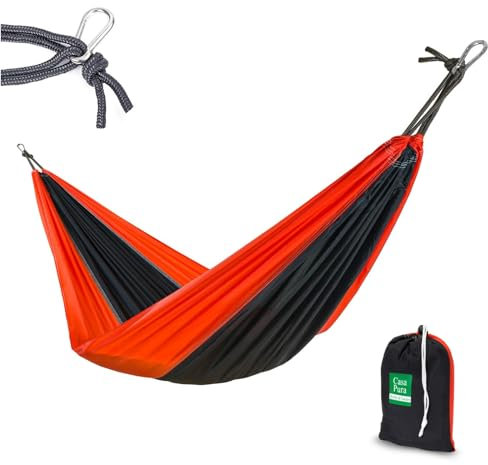 Floordirekt Hängematte, Balkon, Garten, Reisehängematte Ultraleicht inkl. 2 Karabinerhaken, Atmungsaktiv, schnelltrocknend bis 200 kg Tragkraft Fallschirm Nylon schwarz