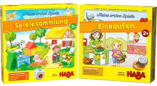 HABA - Meine ersten Spiele: Spielesammlung mit 10 Bauernhof-Spielen für 1-3 Kinder ab 2 Jahren & Einkaufen mit 3D-Marktstand und Holzspielmaterial