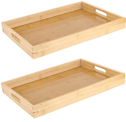 MANCHAP 2 Pack Bamboo Wooden Serving Platters Tray, 40 x 29 x 4cm Rectangular Large Wooden Butler Trays with Handles for Breakfast, Tea, Coffee, Eating