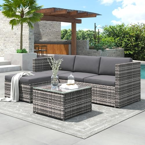 Moimhear Polyrattan Lounge-Sofagarnitur, Gartenmöbel, Ecksofa, Couchgarnitur mit Sitz- und Rückenkissen, Lounge-Tisch mit Glasplatte, Grau