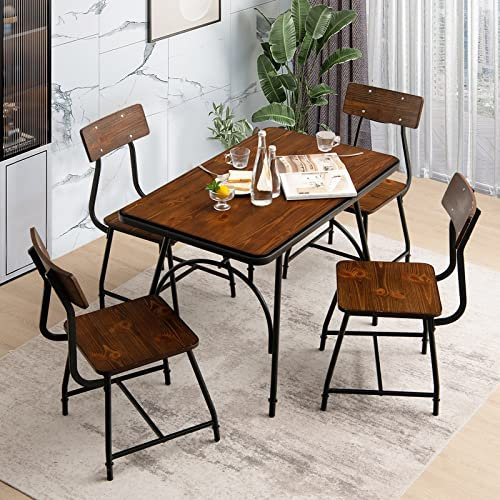 COSTWAY 5tlg. Essgruppe, 4 Esszimmerstühle & rechteckiger Esszimmertisch, Esszimmergruppe für 4 Personen, Esstisch mit 4 Stühlen, Sitzgruppe für Küche Esszimmer, Küchentisch Set