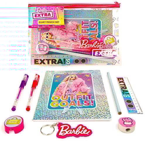 Barbie Ensemble de pochettes supplémentaires pour filles – Papeterie pour la rentrée scolaire – Jouets – Contient un carnet, des stylos gel pour enfants, porte-clés et fournitures de fête