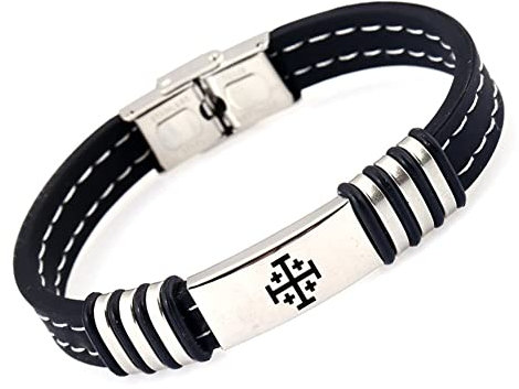 KBNSUIAN Edelstahl Silikon Heilige Jerusalem Kreuz Armband aus Israel, Frauen Mens Bibel Griechische Kreuzfahrer Kreuze Armreif Mittelalterliche Christentum Glauben Symbolische Schmuck, 8,26 Zoll