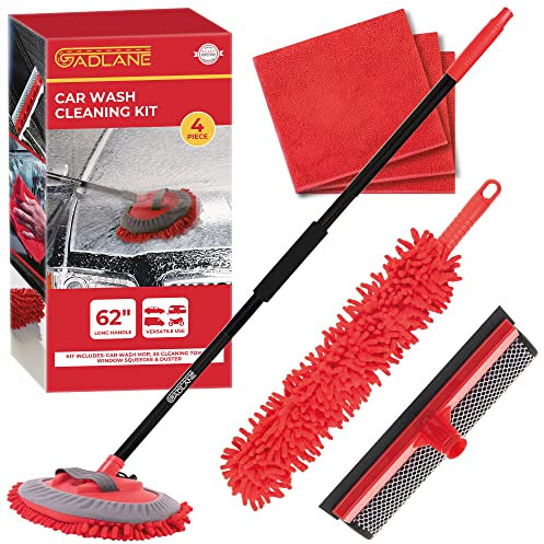 GADLANE Kit de nettoyage de voiture 4 pièces – Brosse de lavage de voiture avec manche pliable de 157,5cm de long et gant de lavage amovible, raclette de fenêtre, 3 chiffons en microfibre et plumeau