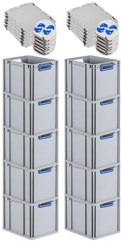 PROREGAL SuperSparSet 10x Eurobox NextGen Color mit Auflagedeckel & Schiebeschnappverschlüsse, HxBxT 32x30x40cm, 30L, Griffe blau offen, Glatter Boden, Eurobehälter Transportbox Transportbehälter