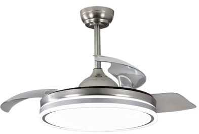 Lampara ventilador techo pequeño luz led 30W 4200 Lm silencioso moderno Niquel aspas retractiles motor DC retráctil plus mini