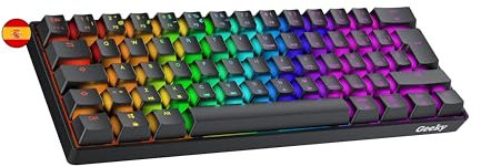 Geeky GK61 60% | Hot Swappable Mechanische Gaming-Tastatur | 62 Tasten Multi Color RGB LED Hintergrundbeleuchtung für PC/Mac Gamer| ISO ES Spanisches Layout (Schwarz, Mechanical Black)