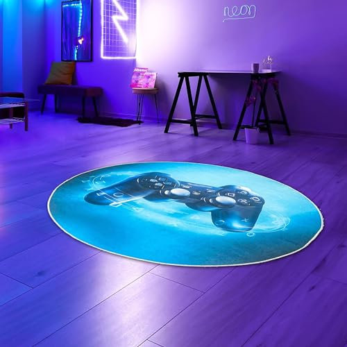Teppich-Traum Gaming Teenager Teppich beeindruckendrund modernem Joystick schwarz blauem neon-farbigem Strahl 120 cm Rund