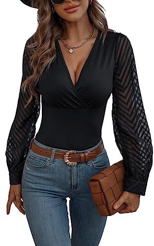 GORGLITTER Langarmshirt Mit V Ausschnitt Damen Mesh Oberteil Langarm Wickeltop Elegant Netzstoff Shirt Schwarz L