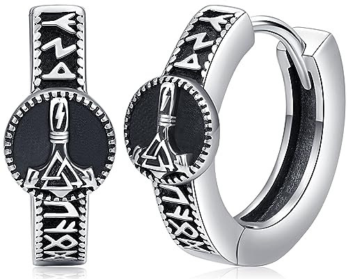 Wikinger Creolen Ohrringe Herren Wikinger Rune Creolen Silber 925 Schwarz Thors Hammer Ohrringe Norse Wikinger Ohrschmuck für Herren Männer