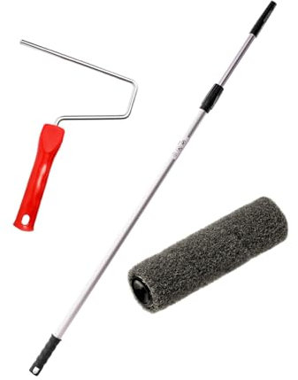 Set - Spezialwalze für Spachtelmasse - zum Auftragen von Spachtelmasse und Rollputz, Spritzputz, Rollspachtel und Trockenputzmischungen - mit Bügel und Teleskopstiel (18 cm)