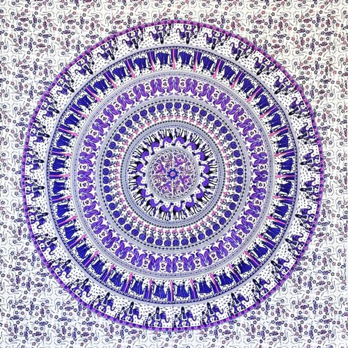 MOMOMUS Wandteppich Mandala - Stoff, Bunt, Orientalische Design- Ideal als Wandtuch Mandala, Wandbehang und Wandteppich Boho- Weiß-Lila, 135x210 cm