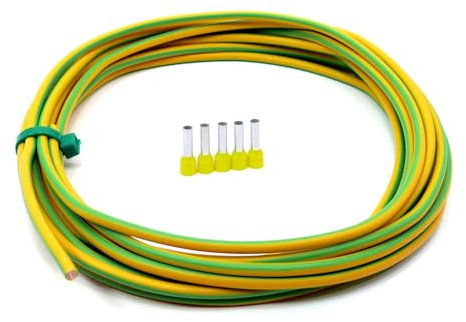 Erdungskabel 6mm² - Grün/Gelb - H07V-K - Erdungsleitung Aderleitung feindrähtig flexibel (5-100m) inkl. 5 Aderendhülsen (15 Meter)