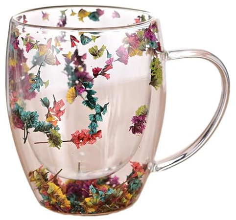 Tazza da caffè a doppia parete, in vetro a doppia parete, con manico, 350 ml, anti-scottatura, creativa, per bevande calde, tè o caffè (fiore eterno)