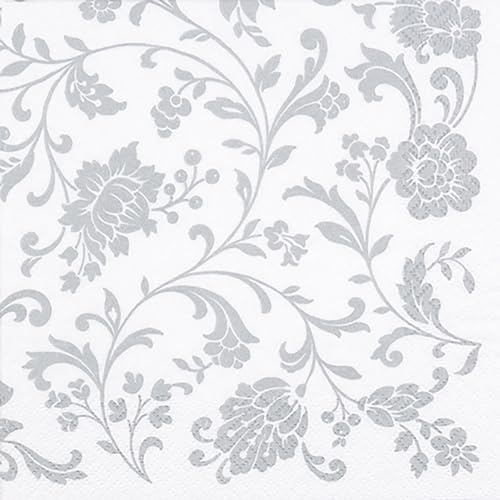 Servietten Papier 33x33cm 20 Stück Arabeske Motiv - hochwertig & nachhaltig - Einweg Hochzeitsservietten 3-lagig - Papierservietten für Hochzeit Gastronomie Alltag - Weiß Silber