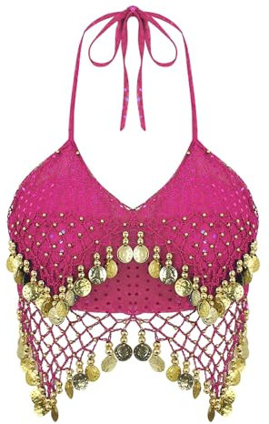 LiiYii Femme Débardeur Danse Orientale Soutiens-Gorge Danse du Ventre Spectacle Halter Top Haut Danse Latine Tango Samba Salsa Clubwear Rose Vif Taille Unique