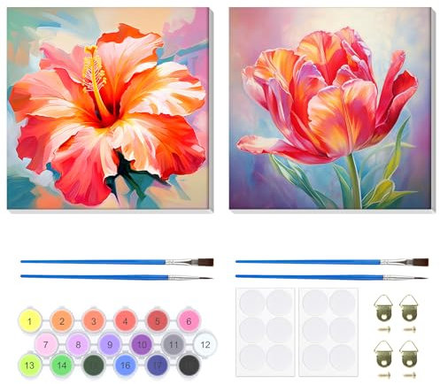 Lxmsja 2 Pièces Peinture Numero Adulte Enfant avec Cadre, Tulipe Peinture par Numero Adulte, Numéro d'art avec Pinceaux, Loisirs Créatifs Adultes, Activité Manuelle Adulte, 20x20cm