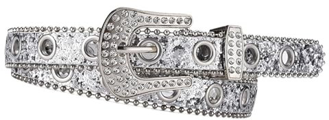 Fenteer Damen Gürtel aus PU- mit Strasssteinen und Bling-Nieten, Western-Cowgirl-Taillengürtel,Weiß, 2.4cm