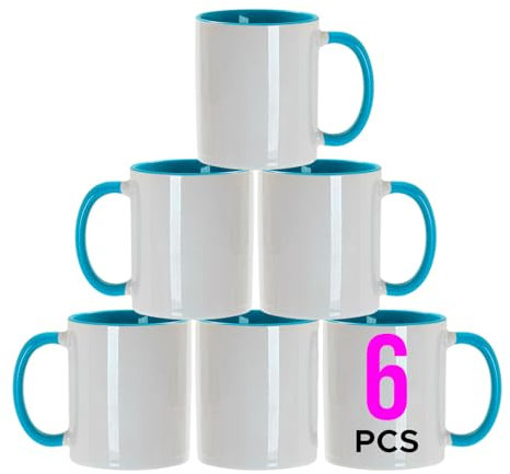 Sublimation Mugs 11oz Blank with Coloured Large Handle & Inner with Box | Durable, Ceramic Orca Finished Mugs Perfect for Custom & DIY Printing, for Loved Ones | Light Blue Bulk Pack of 6