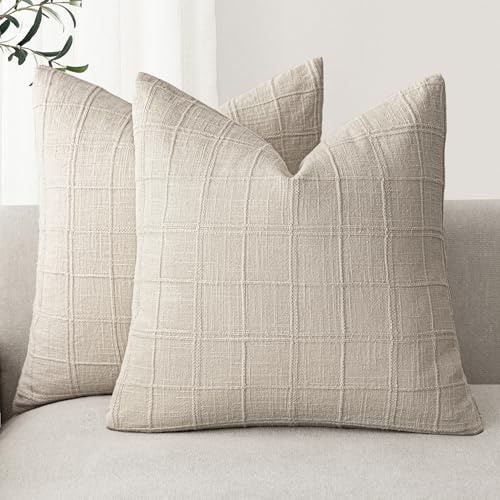 Foindtower Dekorative Kissenbezüge aus Leinen, kariert, neutrale Akzent-Kissenbezüge, moderner Bauernhausstil, Boho-Heimdekoration, für Sofa, Stuhl, Couch, Schlafzimmer, Wohnzimmer, Outdoor, 2 Stück