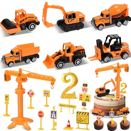 zycBernoi Tortendeko Baustelle 2 Jahre, Metall Kunststoff Bagger Spielzeugauto Verkehrsschilder Geburtstagskerzen 2, Wichtel Baustelle, Bagger Kinder 2 Jahre Kuchen Deko