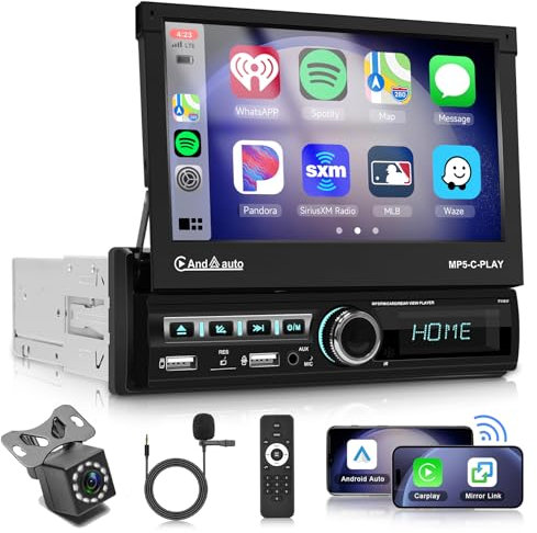 Hodozzy 1 Din Motorisé Flip Out Autoradio avec sans Fil Carplay Android Auto, Écran Tactile 7 Pouces Radio Voiture 1 Din avec Bluetooth, Lien Miroir, EQ, SWC, USB, AUX, MIC, FM/RDS Radio+Caméra Recul