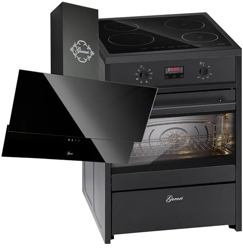 GURARI Induktions Standherd 60 cm GCH E 612 BL+GCH 268 BL 6 PRIME Dunstabzugshaube 60 cm, Schwarz Glas 1000 m/h, Range Coocker
