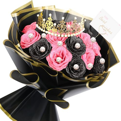 TLY Glitter Roses Bouquet Artificial Roses Flowers with Flower Wrapping Paper Crowns Cards for Valentine's Day,Birthday,Anniversary, Engagement,Wedding