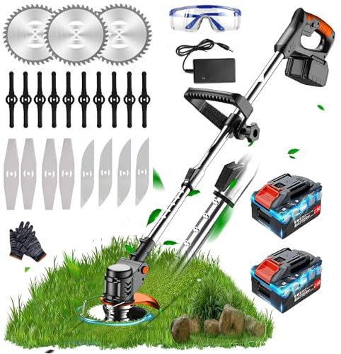 Cordless Strimmer Grass Trimmer,21V Adjustable Garden Strimmer 2x2.0Ah Battery Strimmers,Telescopic Lightweight Grass Trimmer with Charger and 4 Types Blades,Brush Cutter Lawn Edger for Clearing Weeds