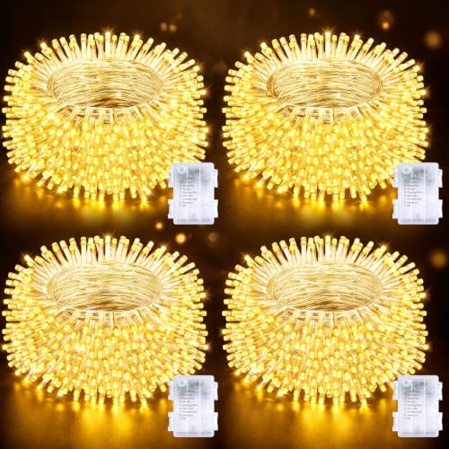 4 Stück Lichterkette Außen,Insgesamt 20M 200 LED Warmweiß Lichterketten | Batteriebetriebene Lichterkette Wasserdicht 8 Modi Weihnachtsbeleuchtung für Außen Innen Garten Baum Weihnachten
